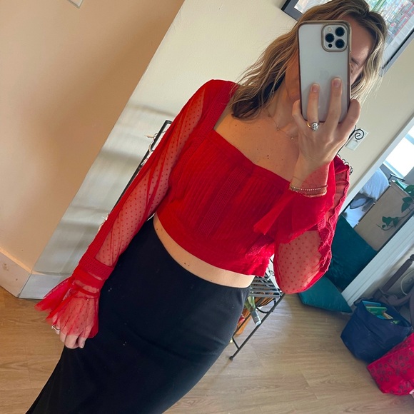NWT Anthropologie Dotted Tulle Crop Long Sleeve Blouse Red 8P - Picture 1 of 10